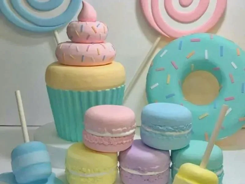 Nhóm mô hình bánh ngọt, bánh vòng và kẹo với bảng màu pastel