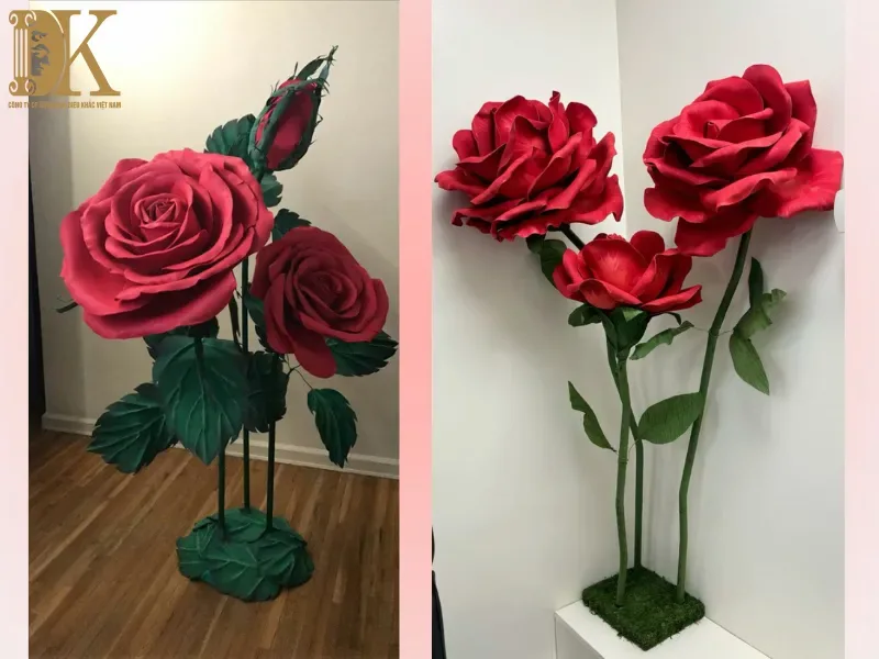 Cụm hoa hồng đỏ có lá và cuống dài