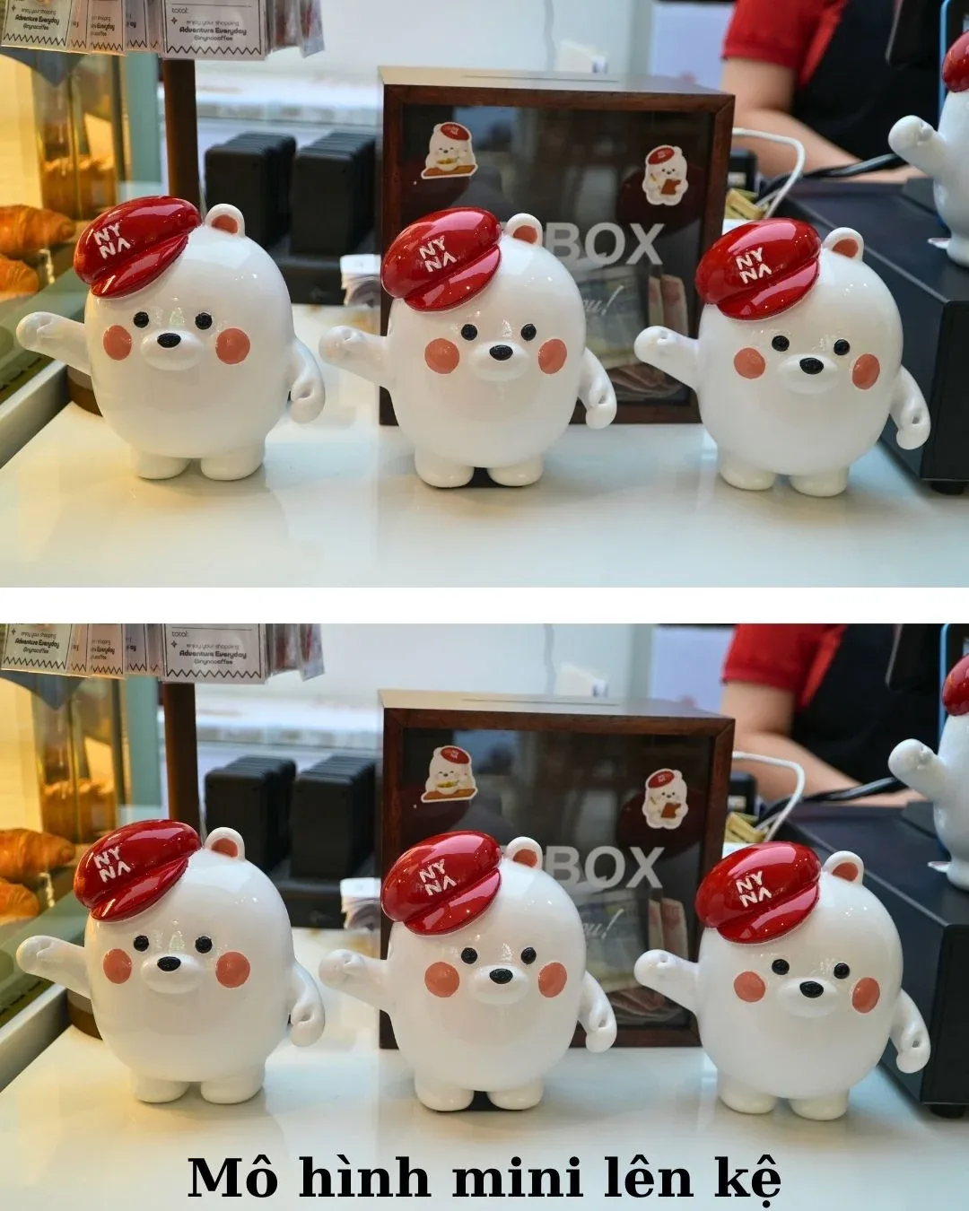 Các mô hình gấu nhỏ màu trắng đội mũ đỏ được xếp trên bàn, ảnh gồm hai góc nhìn.
