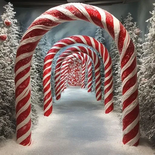 Dãy cổng kẹo gậy đỏ trắng nối tiếp trên lối đi phủ tuyết, hai bên là hàng thông Noel