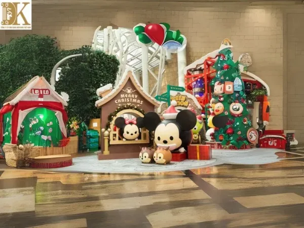Tiểu cảnh Giáng sinh có Mickey, Minnie, cây thông, nhà tuyết và nhiều hộp quà