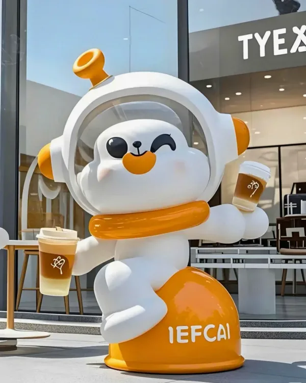 Tượng linh vật phi hành gia trắng cam cầm cốc, đặt trước mặt tiền cửa hàng