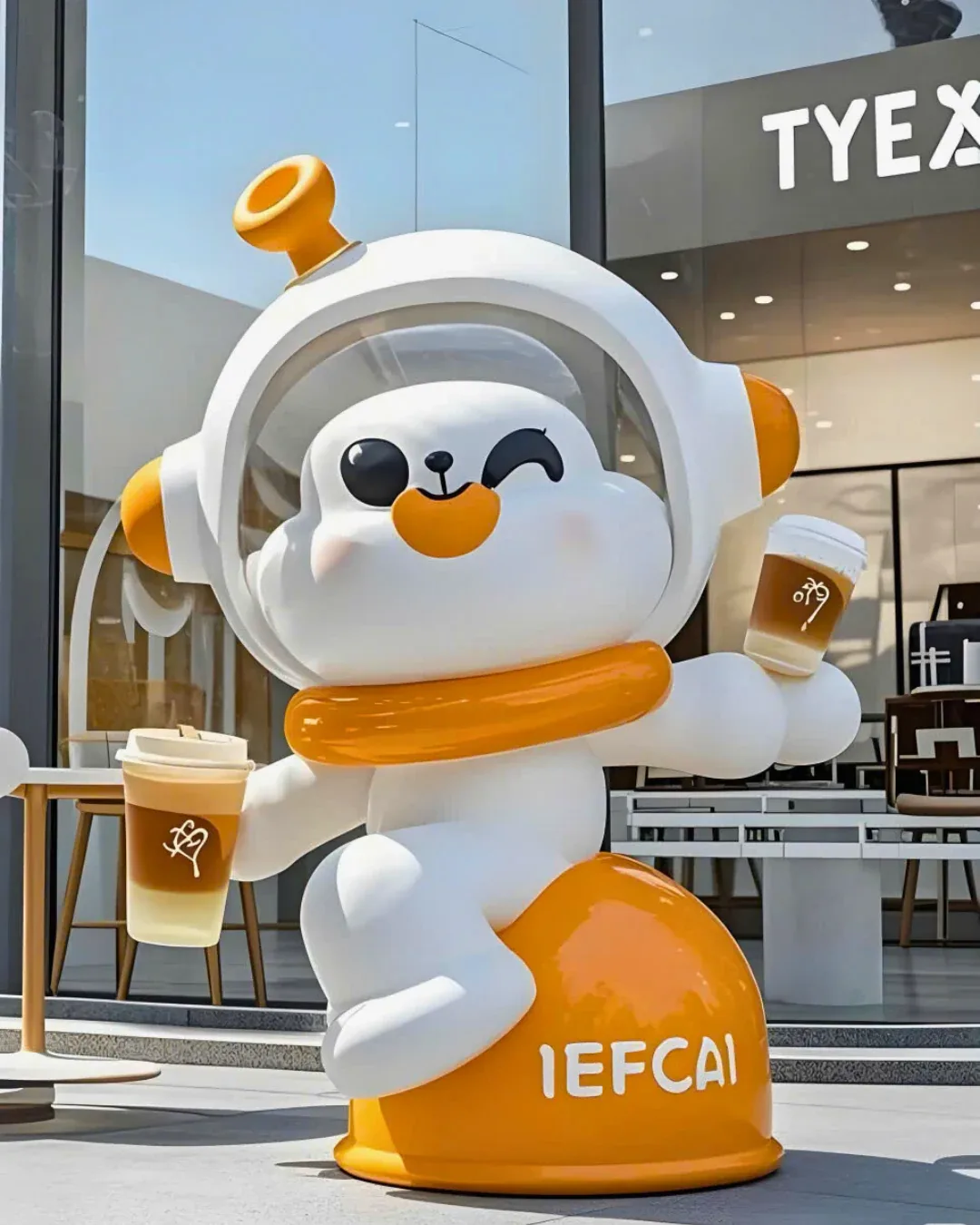 Tượng linh vật phi hành gia trắng cam cầm cốc đồ uống đặt trước cửa hàng bán lẻ