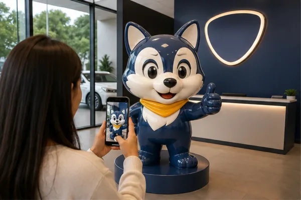 Khách chụp ảnh cùng linh vật composite trong showroom với logo rõ