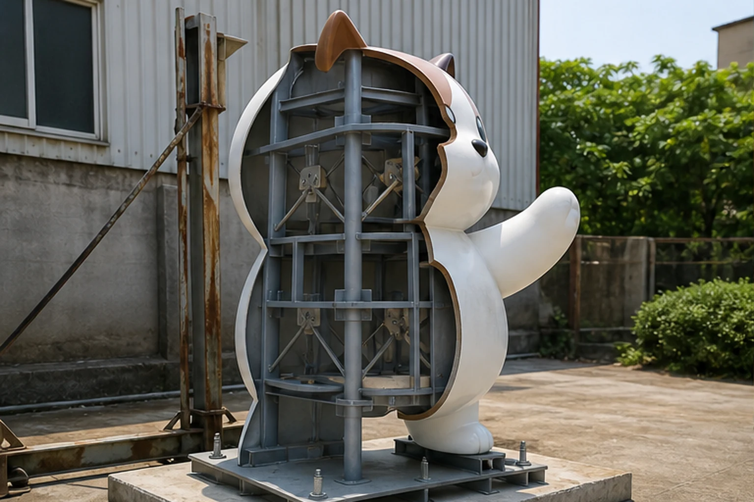 linh vật composite ngoài trời có khung gia cường và chân đế cố định để minh họa kết cấu an toàn khi lắp đặt