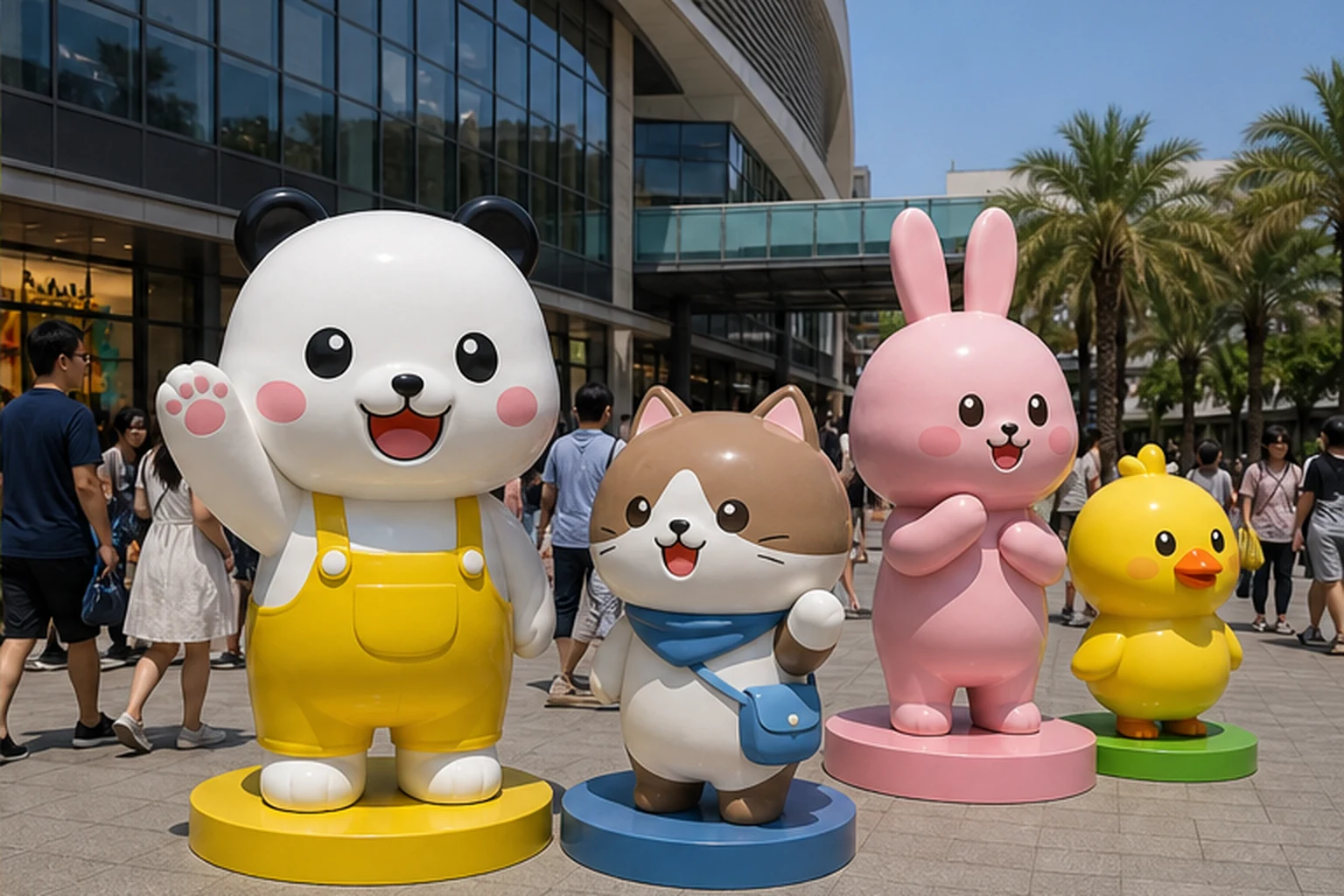 Cụm mô hình composite mascot gấu panda, mèo, thỏ và vịt sơn màu nổi bật đặt trên chân đế tại khu check-in ngoài trời của...