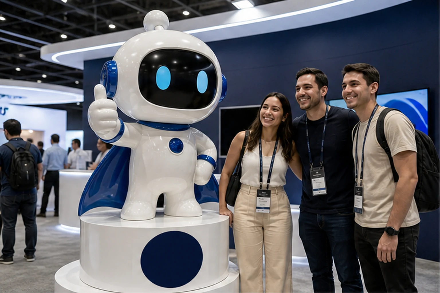 tượng mascot robot composite màu trắng xanh đặt trên bệ có logo tròn tại booth sự kiện, ba khách tham quan đứng chụp ảnh...