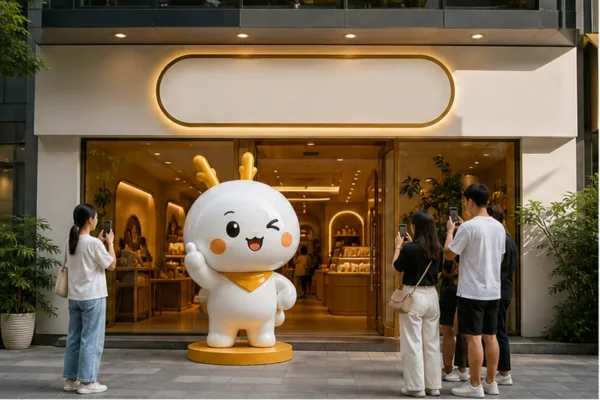 Tượng mascot composite trước cửa hàng với logo và lối vào thông thoáng