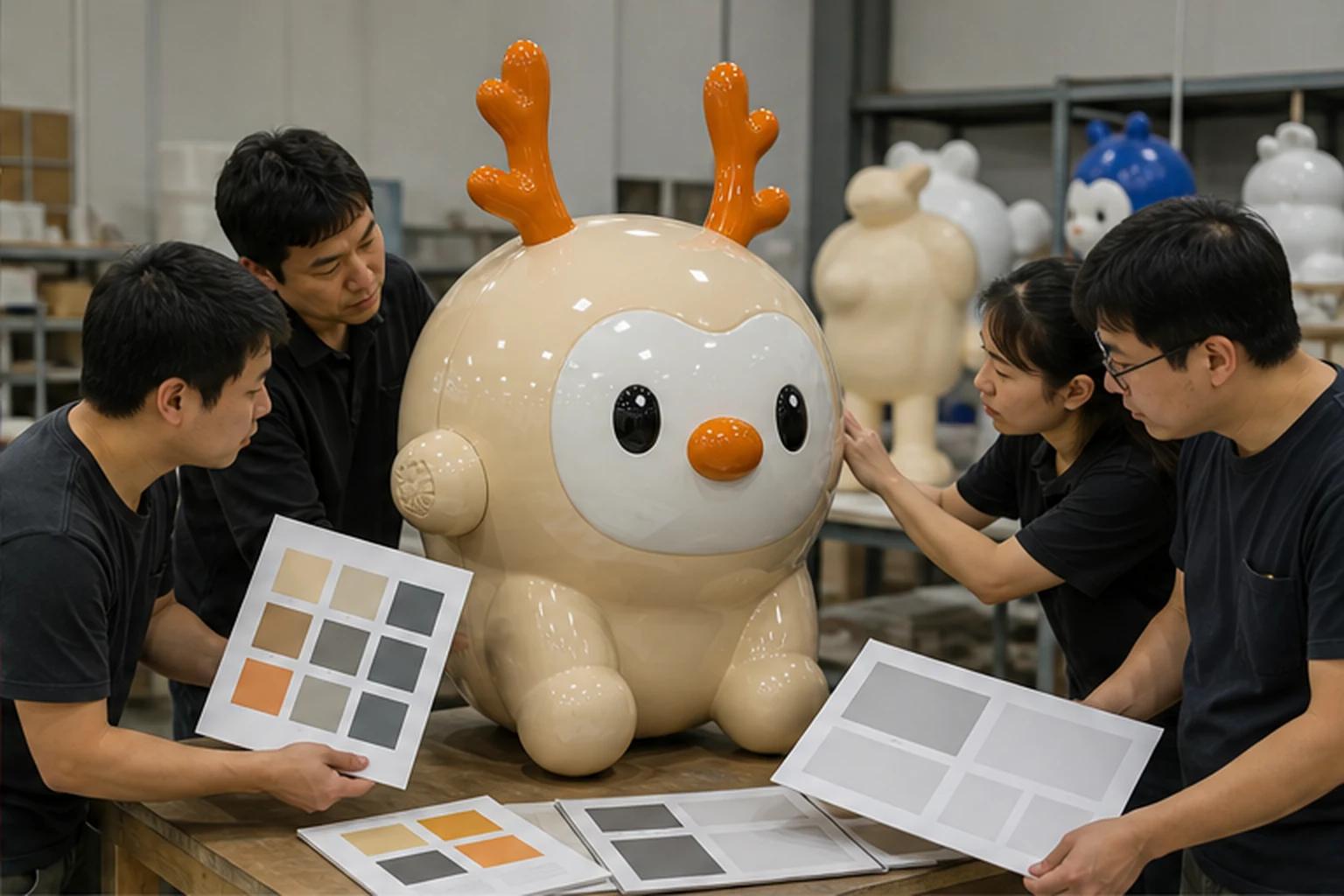 Bốn nghệ nhân kiểm tra bề mặt và bảng màu nhận diện trên tượng composite mascot trong xưởng sản xuất trước khi hoàn thiện.