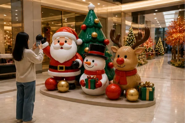Bản minh họa đo kích thước cụm Noel so với người thật, lối đi và khung ảnh điện thoại để giải thích cách chọn tỉ lệ thi công