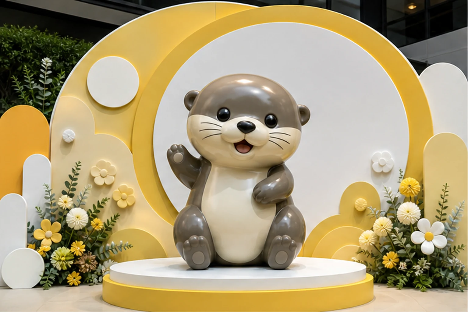cụm check-in sự kiện có mascot composite ở trung tâm, logo rõ phía sau, chi tiết hoa và chữ nổi đặt lệch tầng để minh họa...