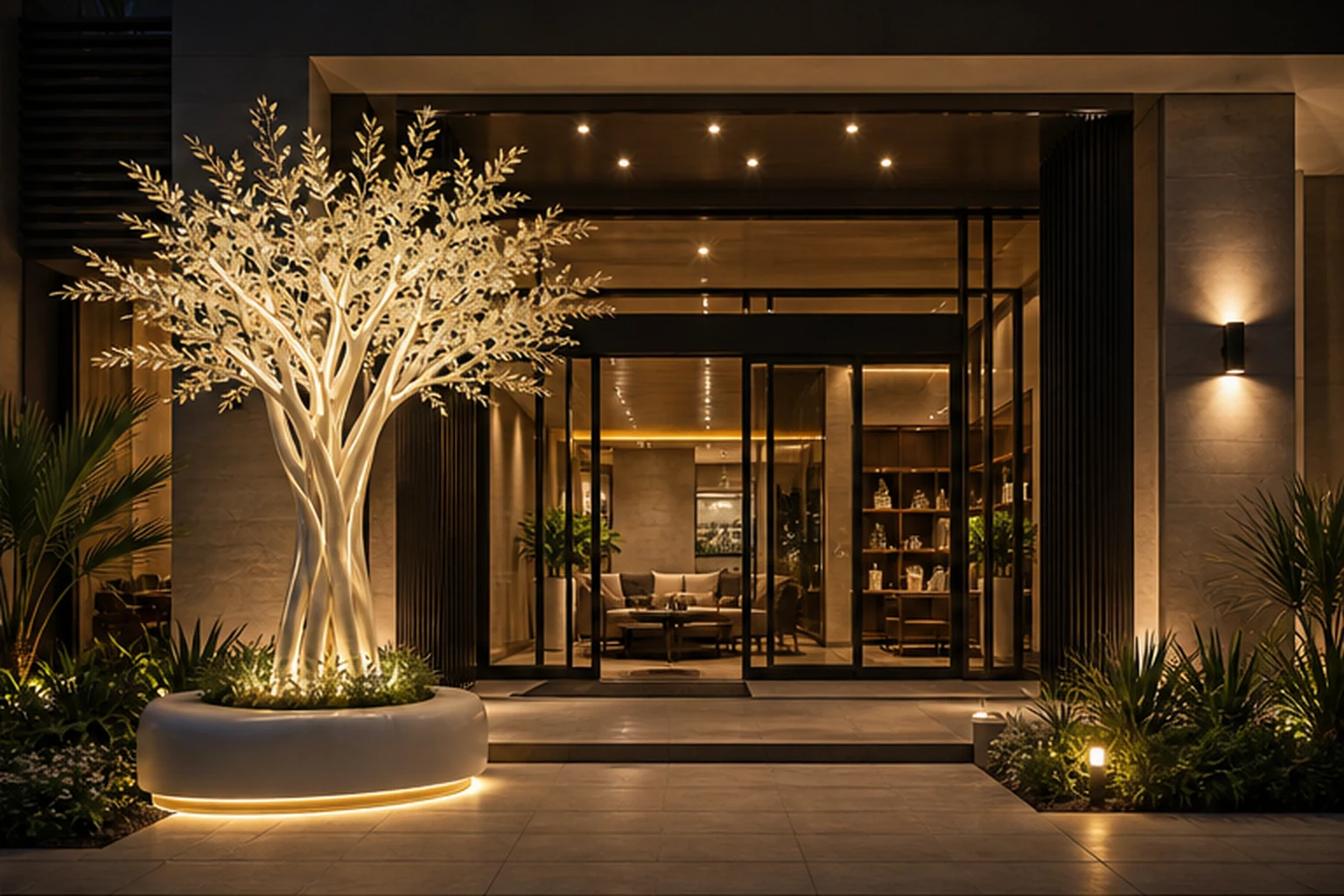 cây ánh sáng composite trước mặt tiền showroom buổi tối, chân đế gọn và lối vào thông thoáng để minh họa cân bằng nhận...