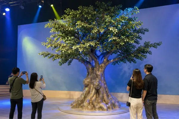 cây mô hình composite tại khu trải nghiệm sự kiện với backdrop thương hiệu, ánh sáng sân khấu và nhóm khách chụp ảnh