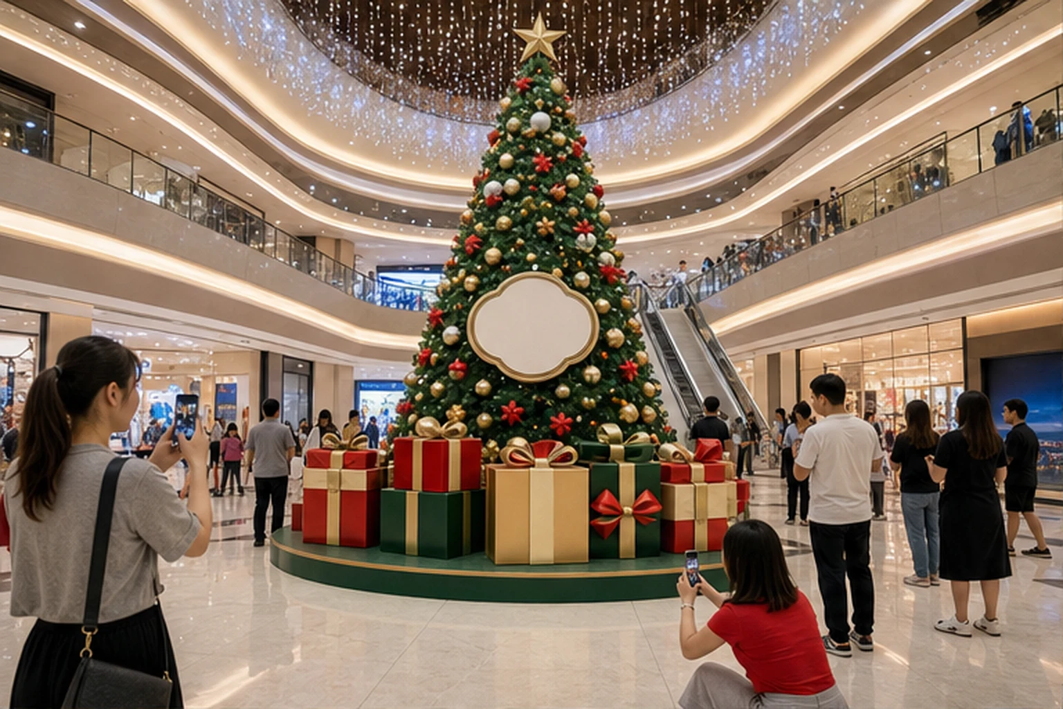 Mô hình check-in cây Noel lớn trong sảnh trung tâm thương mại, đặt trên bệ tròn gọn với hộp quà trang trí, khung logo nổi...