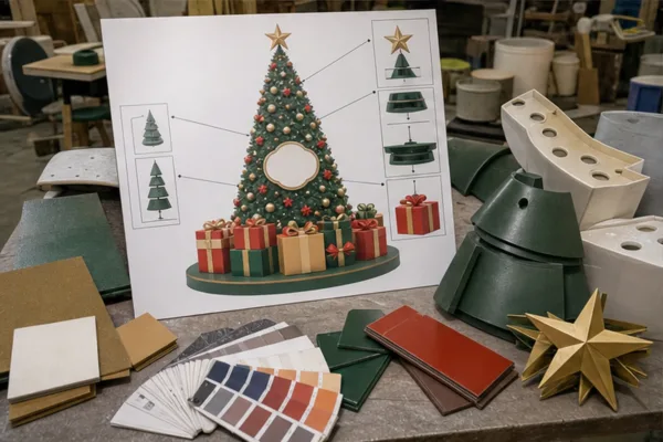 Bản phối cảnh cây noel composite với chân đế, logo, mối ghép module và cụm hộp quà được đánh dấu để minh họa thiết kế gắn...