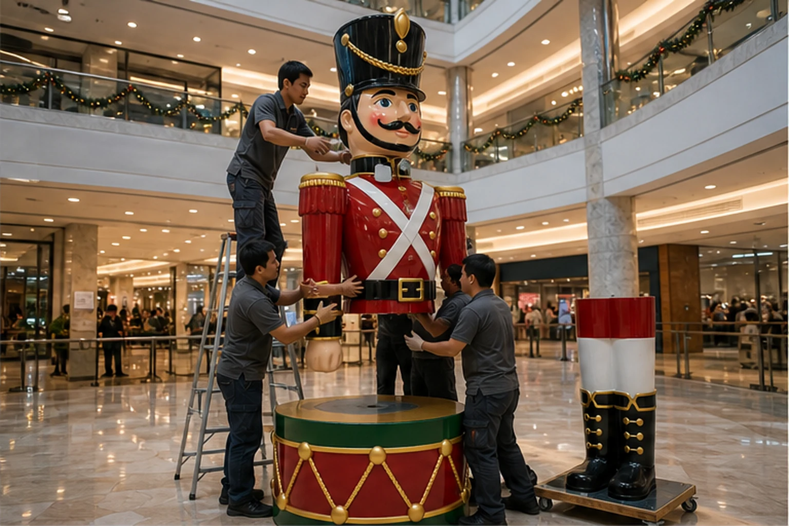Đội thi công lắp đặt lính chì Noel composite kích thước lớn tại sảnh trung tâm thương mại, minh họa chia module và cố...