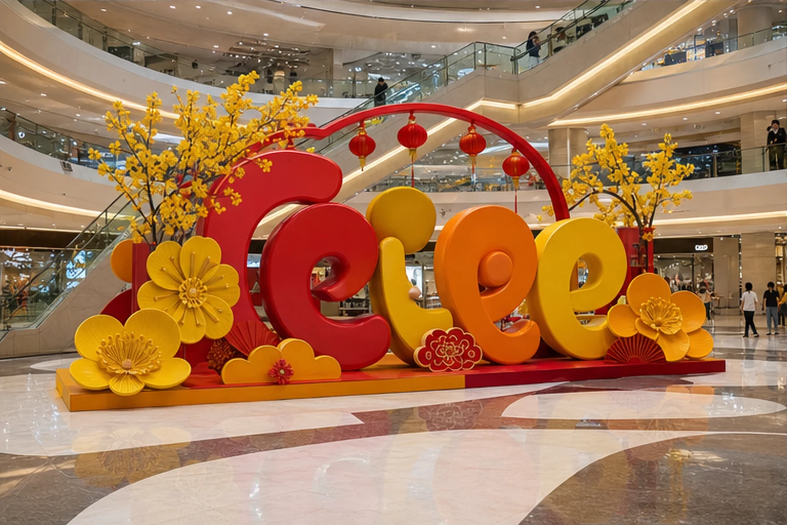 Cụm chữ Tết màu đỏ vàng đặt trên chân đế trong sảnh trung tâm thương mại, trang trí hoa mai vàng, đèn lồng đỏ và các phụ...