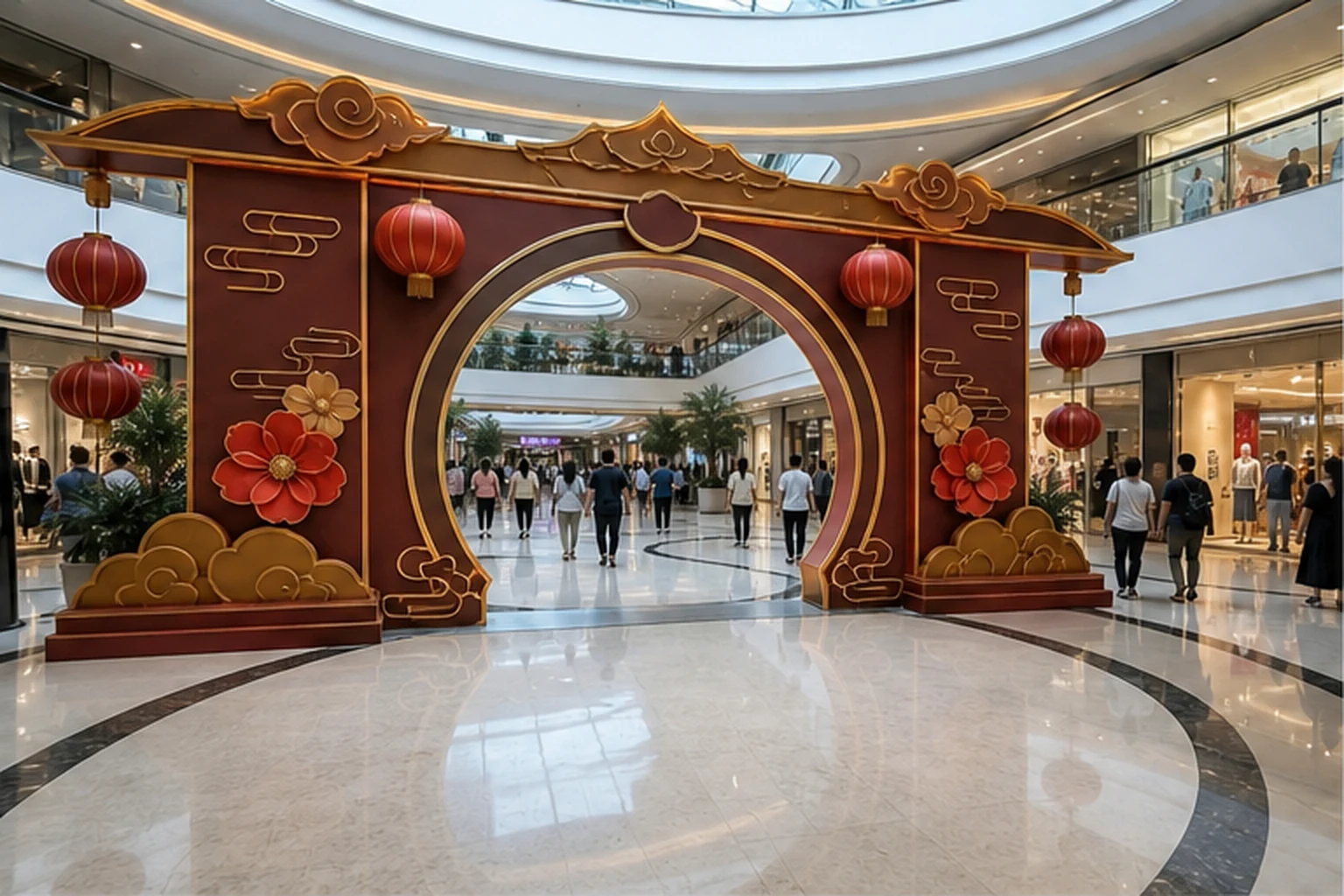 Cổng sự kiện lễ hội kích thước lớn màu đỏ vàng đặt trong trung tâm thương mại, trang trí đèn lồng, hoa và họa tiết mây,...