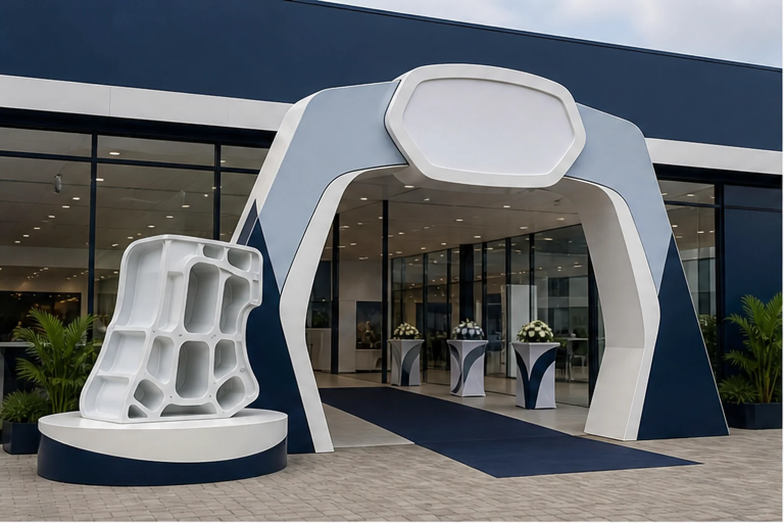 Cổng khai trương bằng composite trước showroom với logo nổi, sản phẩm phóng lớn và lối vào thông thoáng