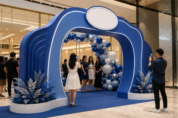 Cổng check-in composite theo concept với khách chụp ảnh và logo