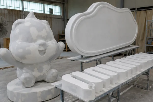 chi tiết logo, chữ nổi và mascot bằng composite đang được hoàn thiện bề mặt trước khi sơn màu thương hiệu