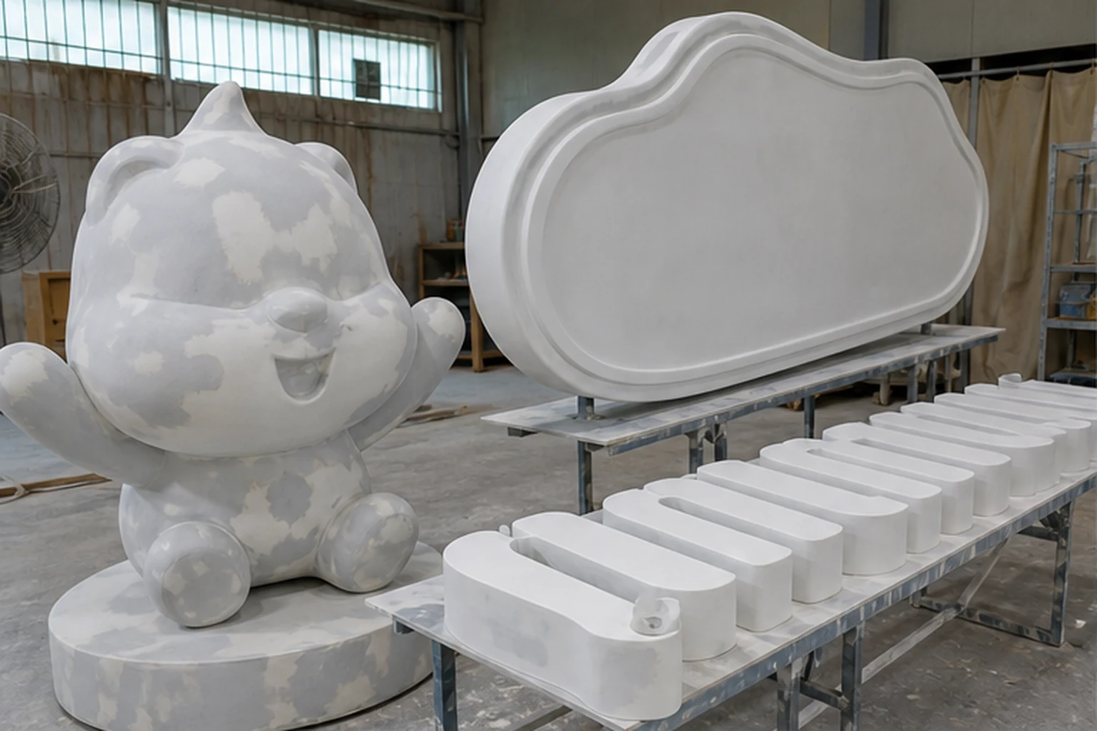chi tiết logo, chữ nổi và mascot bằng composite đang được hoàn thiện bề mặt trước khi sơn màu thương hiệu