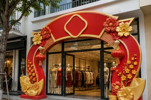 Cổng mặt tiền bằng composite cho shop thời trang với chữ nổi và logo rõ trong khung ảnh điện thoại để minh họa bố cục...
