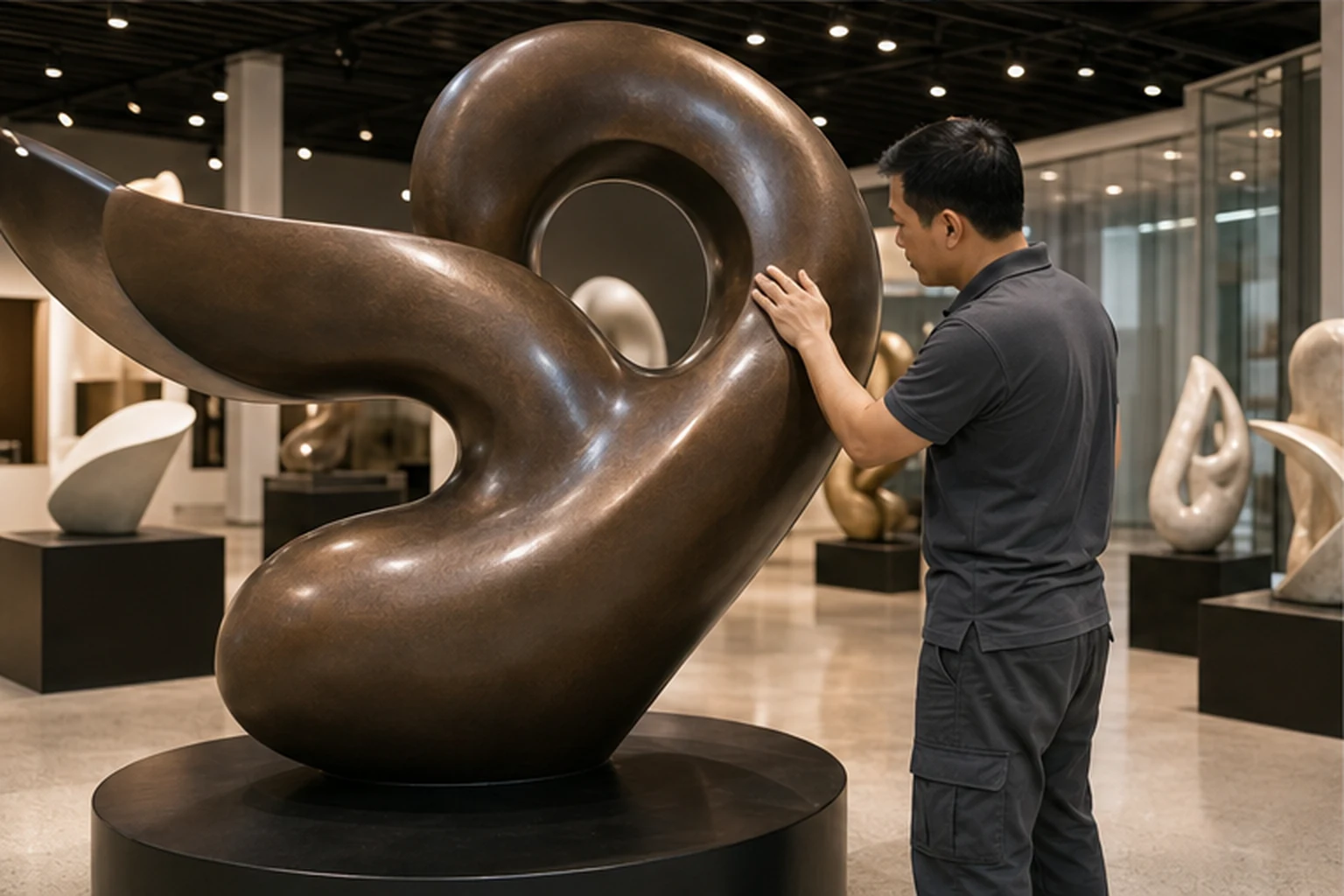 Kỹ thuật viên kiểm tra bề mặt mô hình trừu tượng phủ sơn hiệu ứng giả đồng trong showroom trưng bày sản phẩm