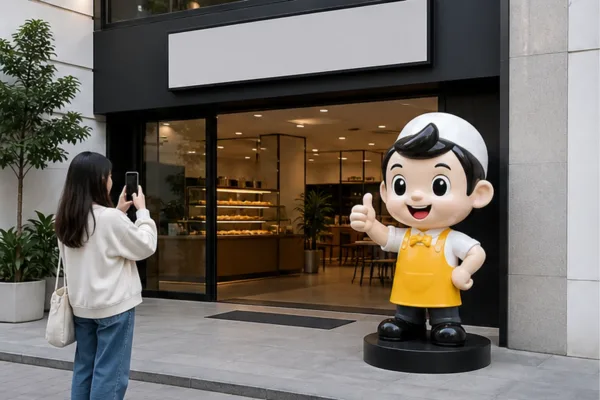 Mascot composite tại lối vào cửa hàng với bệ gọn và logo rõ