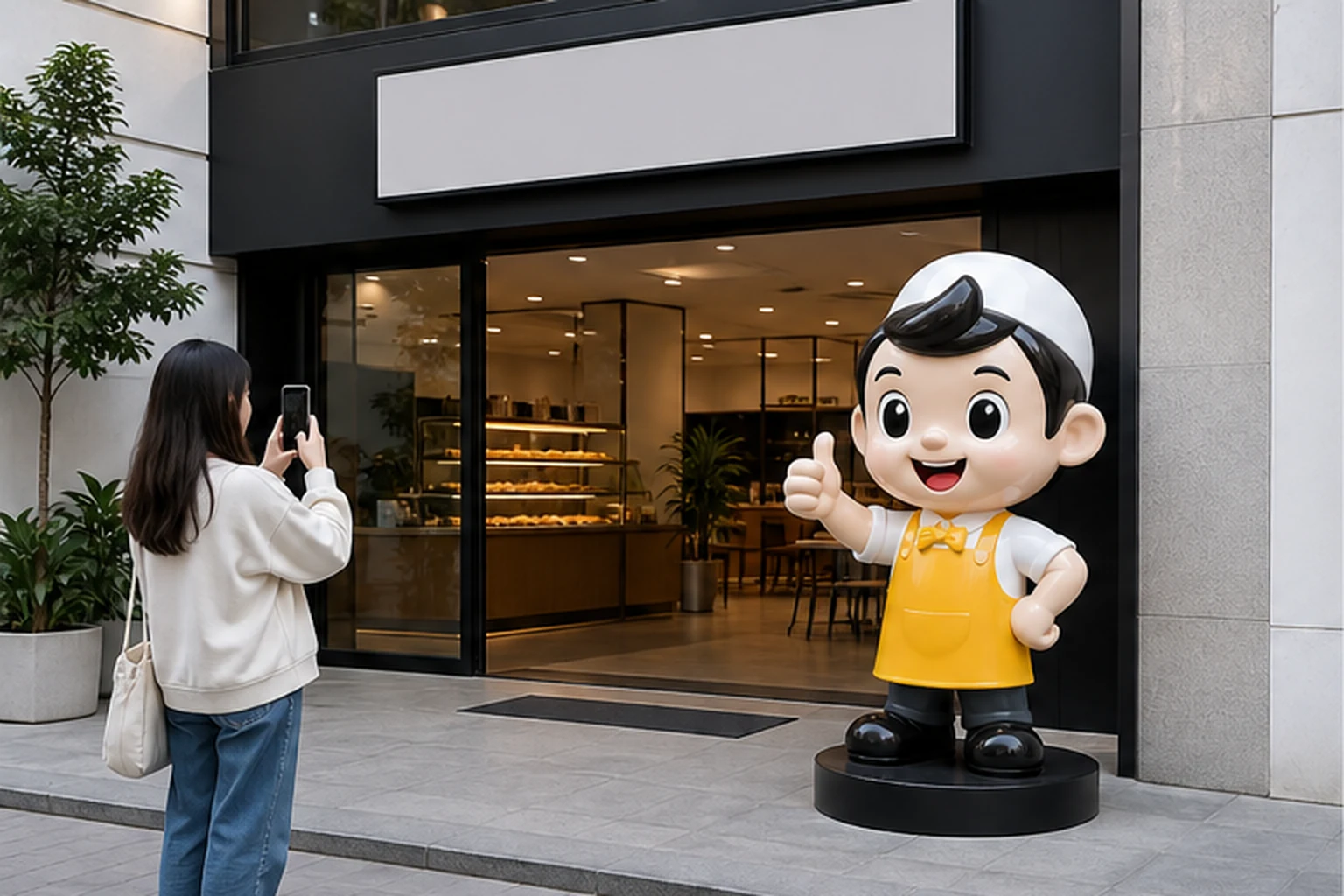 mô hình composite mascot đặt tại lối vào shop với lối đi thông thoáng, logo rõ và khách có thể chụp ảnh kiểm tra tỷ lệ...