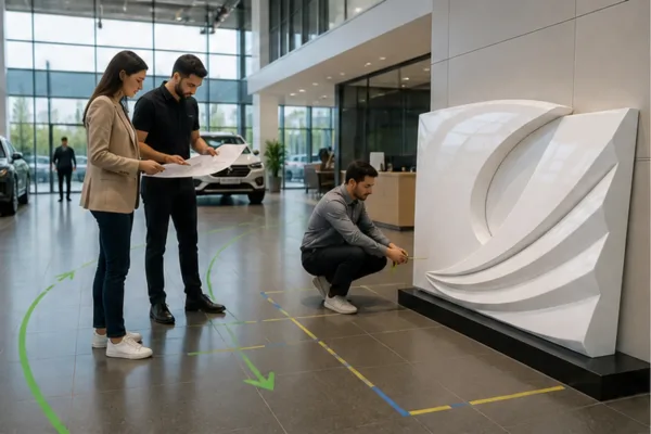 đội thiết kế khảo sát mặt bằng thật tại showroom với vị trí đặt logo 3D composite và tuyến khách đi được đánh dấu