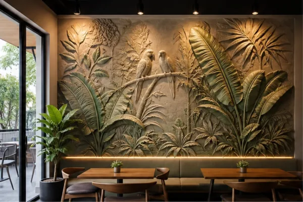mảng phù điêu composite chủ đề thiên nhiên trong quán cafe, minh họa cách biến tường trống thành điểm check-in