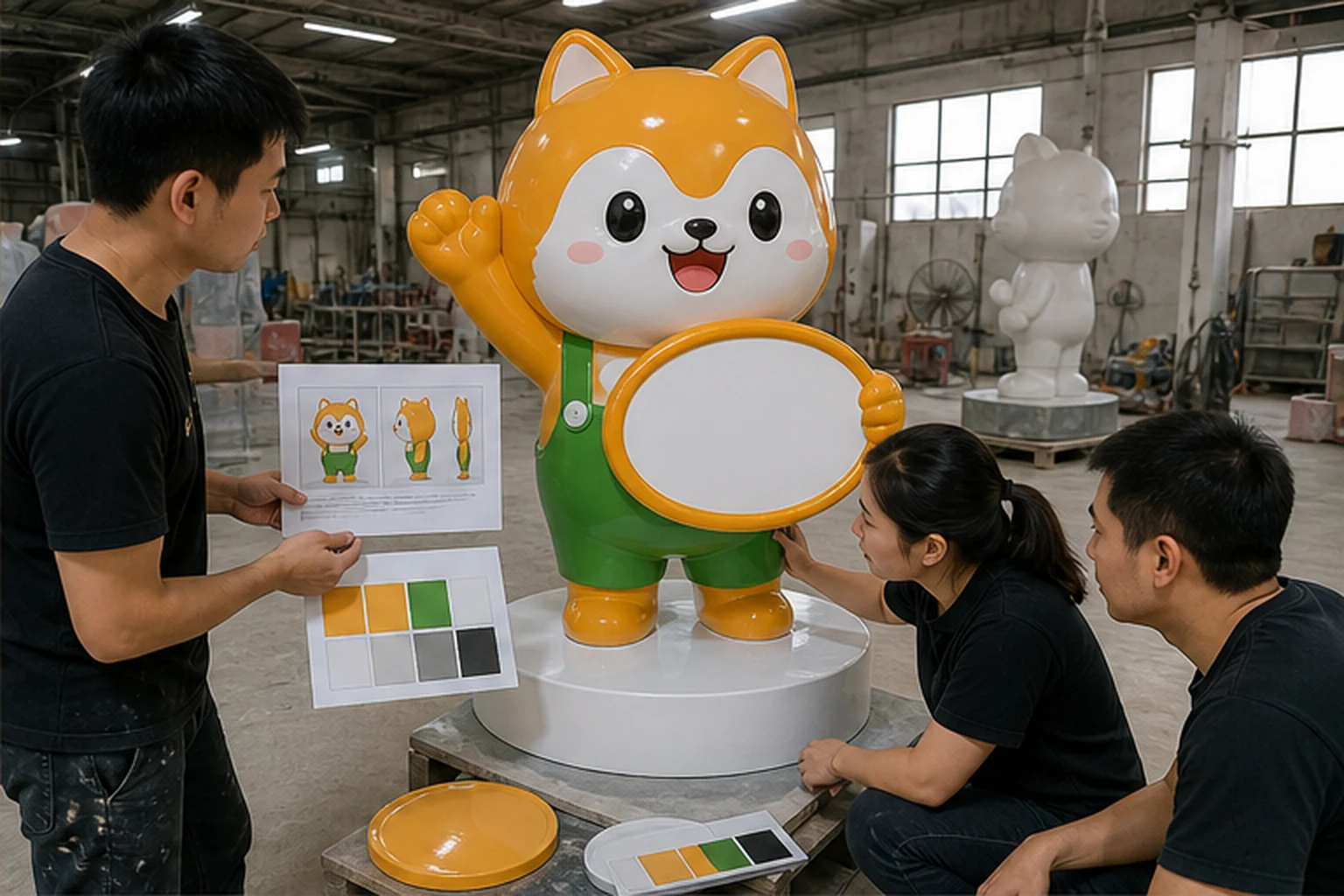 Nhóm thợ trong xưởng kiểm tra tượng mascot composite màu cam xanh trên chân đế cùng bản vẽ thiết kế và bảng mẫu màu trước...