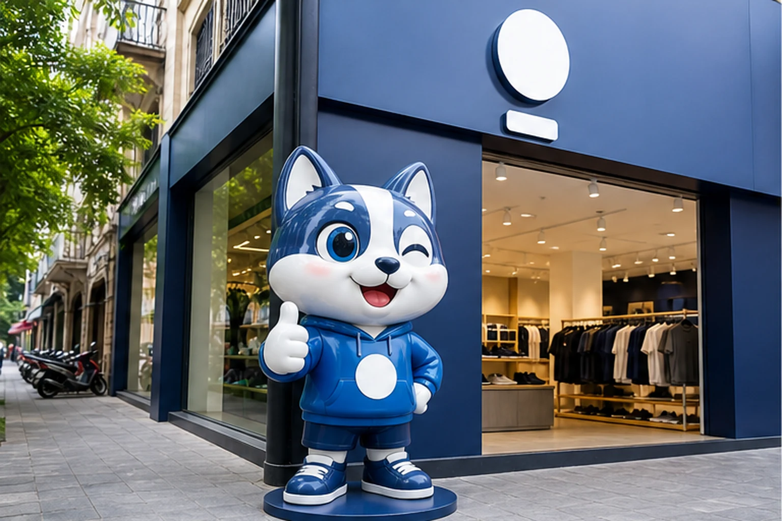 mô hình mascot composite đặt trước cửa hàng tại Hà Nội, có logo thương hiệu và lối đi thông thoáng để minh họa cách thu...
