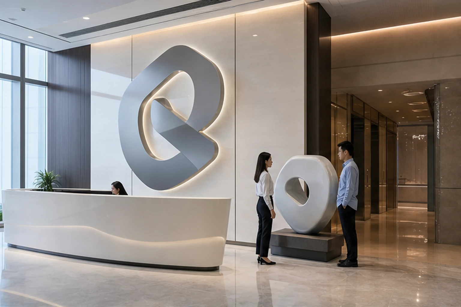 Sảnh lễ tân công ty hiện đại với logo nổi lớn trên tường, mô hình biểu tượng thương hiệu màu trắng đặt trên bệ và nhân...