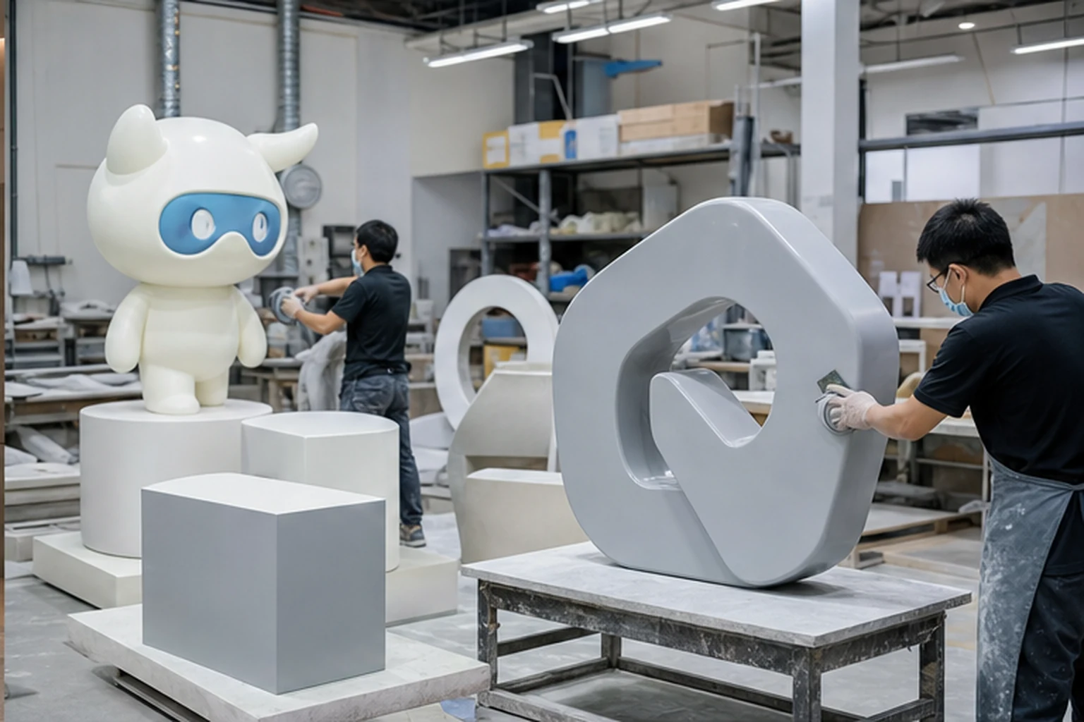Xưởng sản xuất mô hình composite với tượng mascot trắng, logo nổi và các bệ trưng bày đang được thợ kiểm tra, xử lý bề...