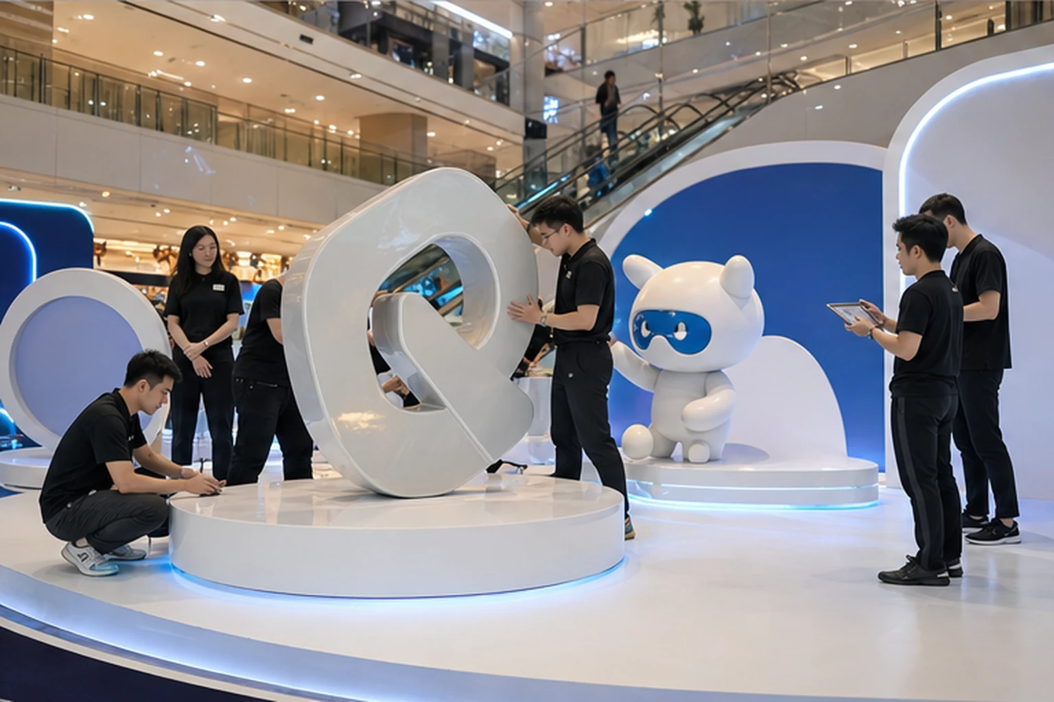 Đội thi công mặc áo đen đang lắp đặt mô hình composite và mascot thương hiệu trên bục check-in sự kiện trong trung tâm...