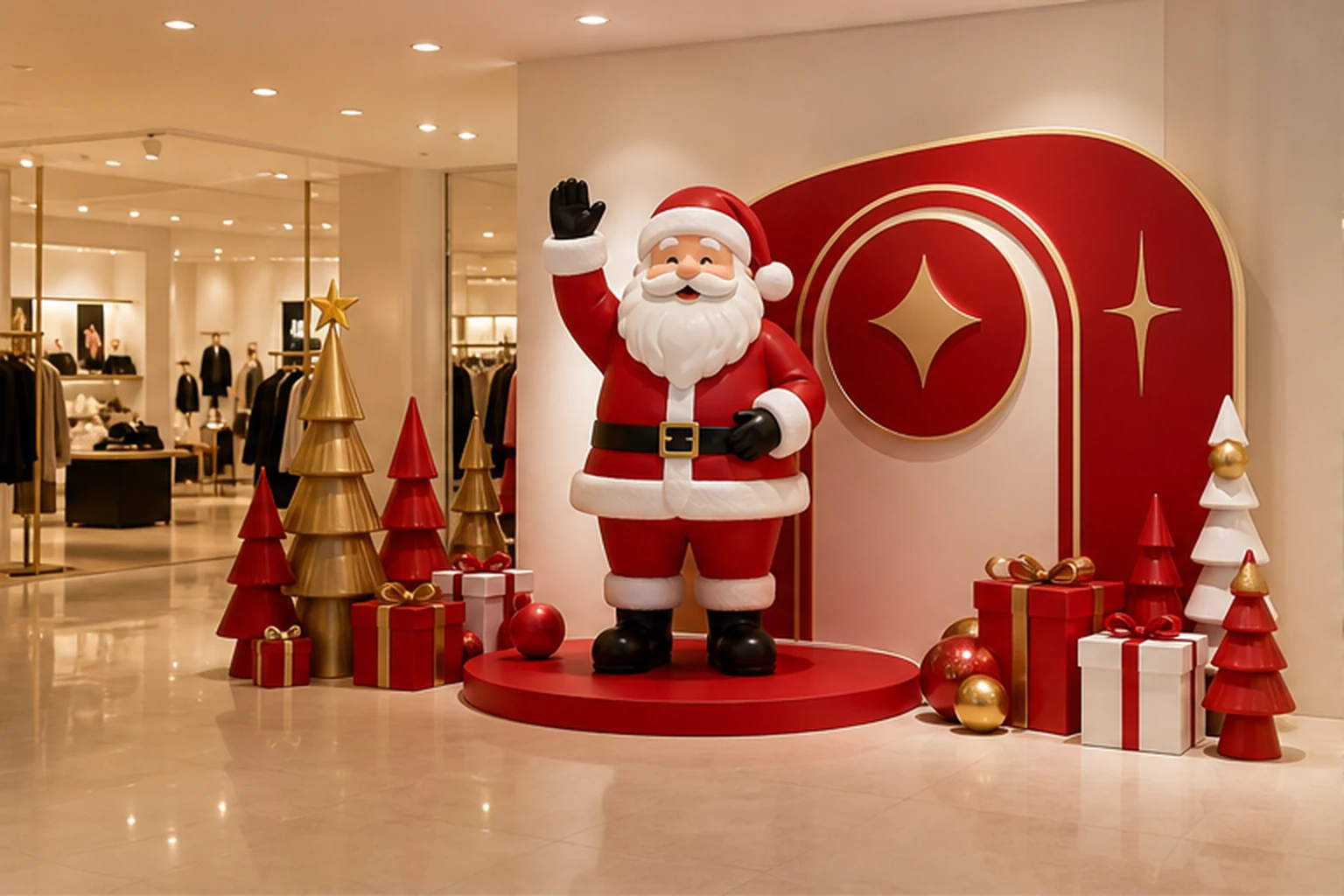 Góc check-in Noel trong cửa hàng với mô hình ông già Noel composite, cụm chữ Merry Christmas và khoảng đứng rộng cho...