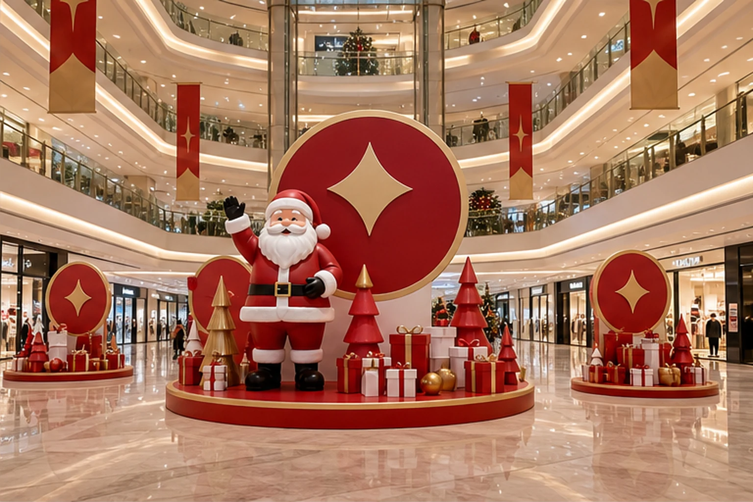 Bộ cụm decor Noel đồng bộ cho nhiều điểm đặt trong trung tâm thương mại gồm mô hình composite chính, cụm quà phụ và logo...