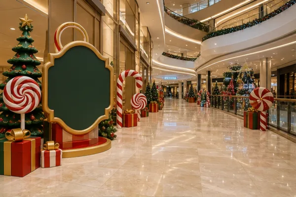 Hành lang trung tâm thương mại có hộp quà, kẹo lớn và bảng chủ đề Noel dẫn khách về sảnh chính mà vẫn chừa lối đi rộng