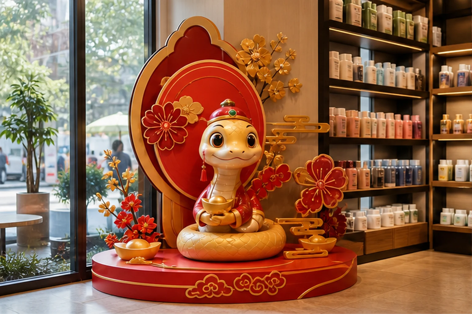 cụm Tết gọn trong shop nhỏ với bệ composite, chữ nổi và linh vật đặt cạnh khu sản phẩm mới để minh họa bố cục tiết kiệm...