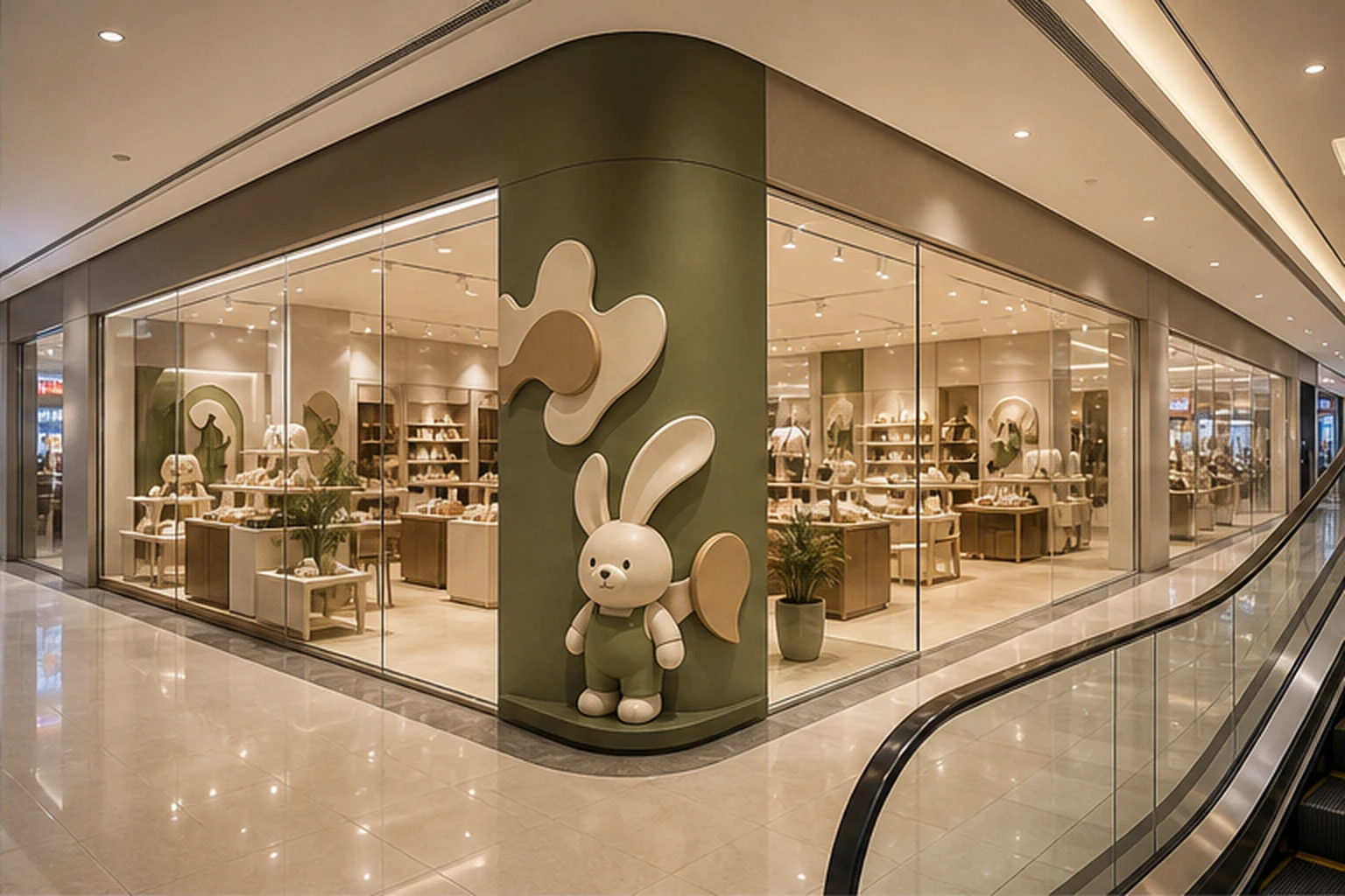 mô hình composite và logo nổi tại shop trong trung tâm thương mại, nhìn được từ hành lang và thang cuốn