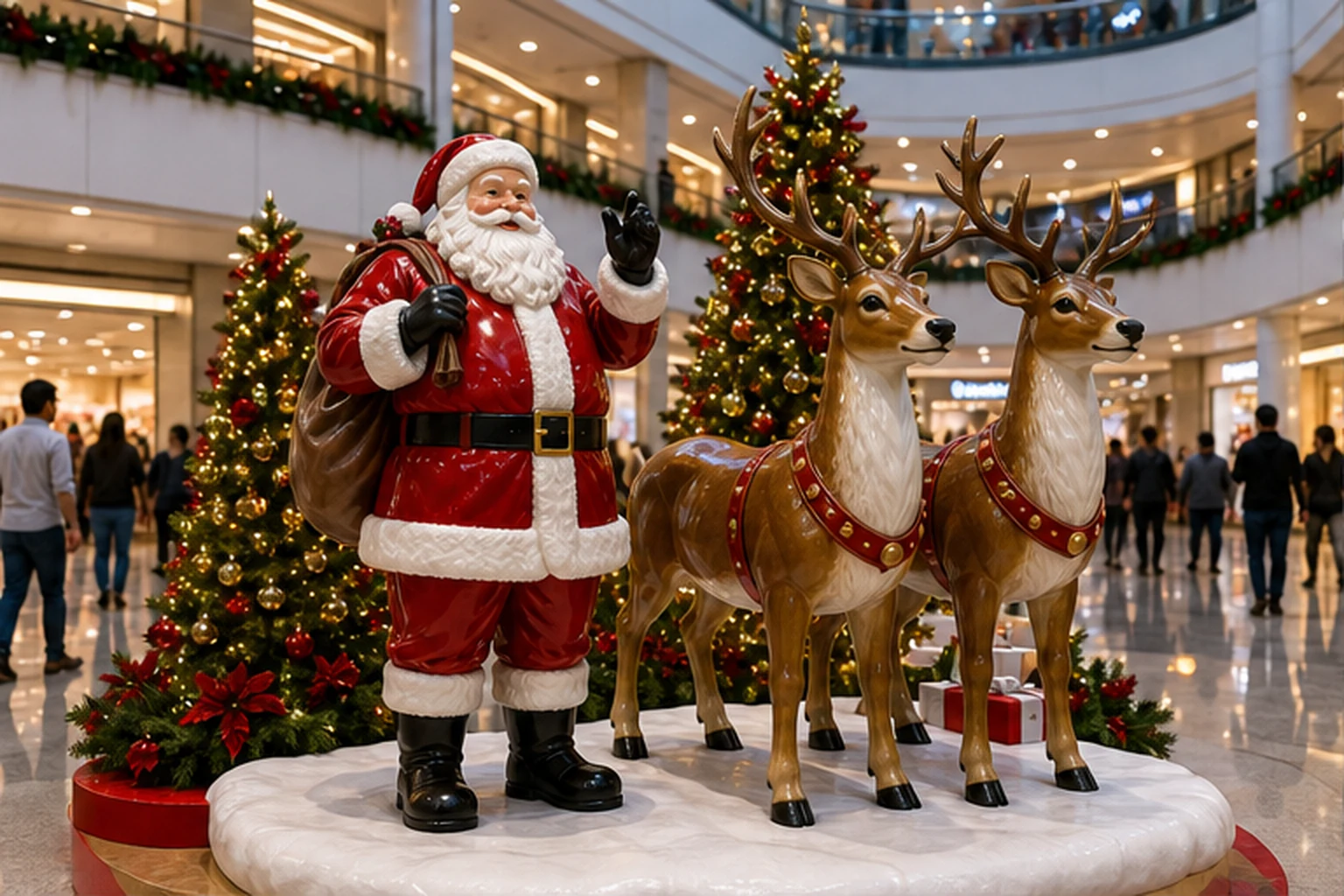 Cụm mô hình ông già Noel, hai tuần lộc và cây thông Noel đặt trong trung tâm thương mại đông khách, bề mặt tượng bóng đẹp...