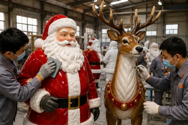 xưởng sản xuất mô hình Noel composite với thợ hoàn thiện bề mặt, sơn màu và kiểm tra chi tiết trước khi giao công trình