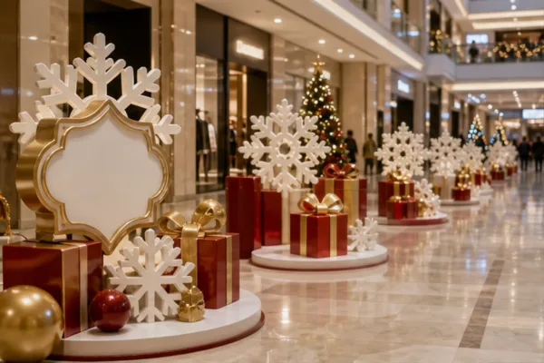 chuỗi cụm trang trí Noel nhỏ dọc hành lang trung tâm thương mại với hộp quà, bông tuyết, chữ nổi và màu sắc đồng bộ