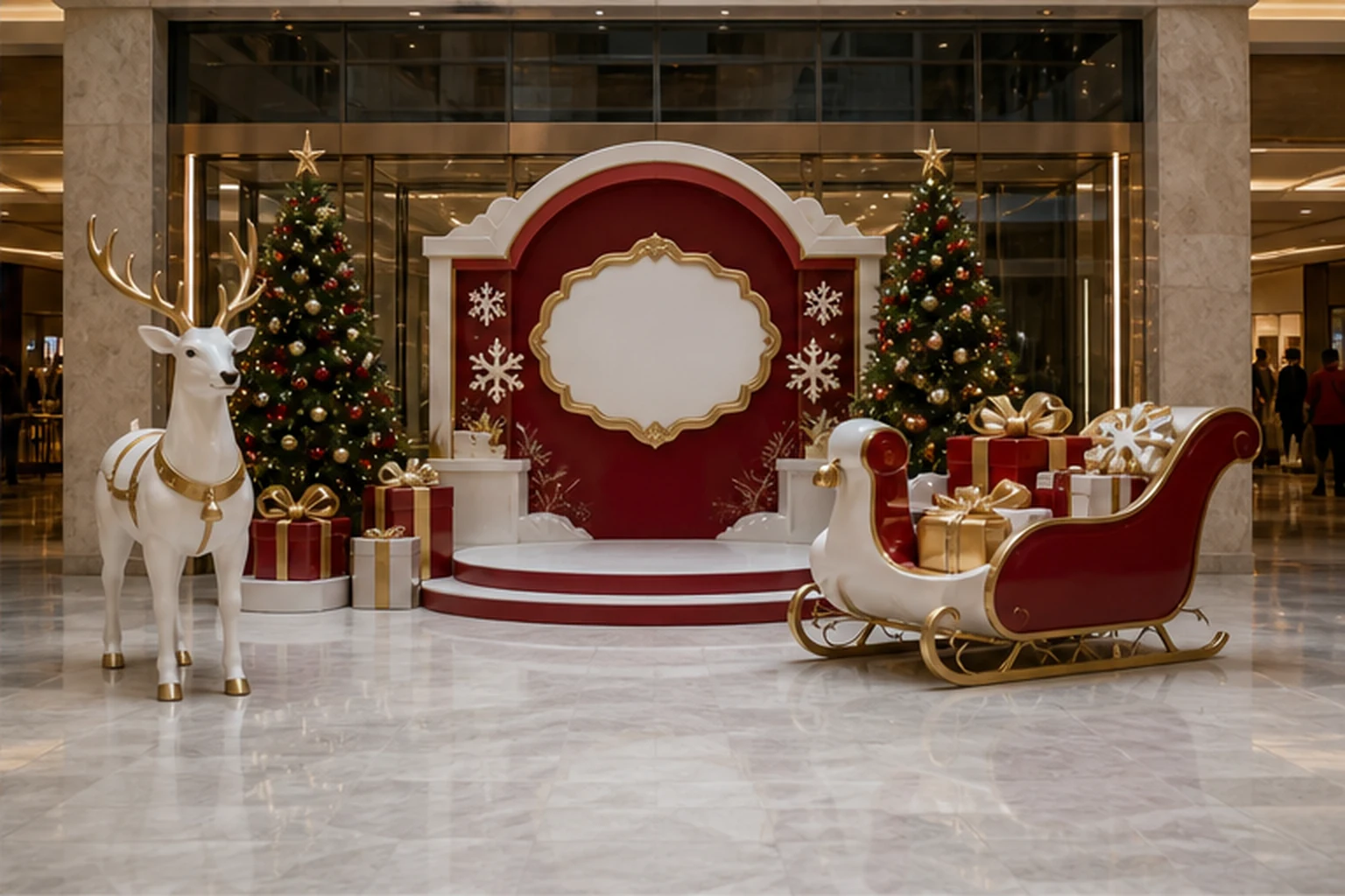 Cụm check-in Noel trong sảnh trung tâm thương mại với backdrop đỏ trắng, cây thông trang trí, mô hình tuần lộc composite,...