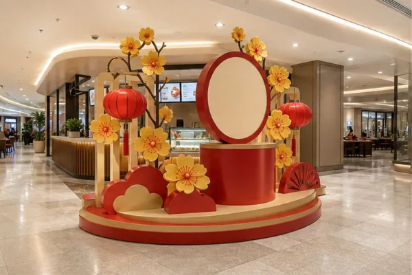 quán trong trung tâm thương mại có cụm decor Tết nhìn được từ nhiều hướng với bệ composite, logo nổi và lối đi rõ ràng