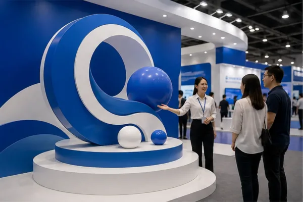 mô hình logo và sản phẩm composite đồng bộ màu thương hiệu trong gian hàng, có khách xem trưng bày và nhân viên tư vấn...