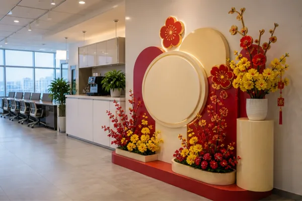Góc pantry văn phòng được trang trí bằng chữ nổi composite, cụm hoa xuân và màu thương hiệu nhẹ, minh họa cách tạo không...