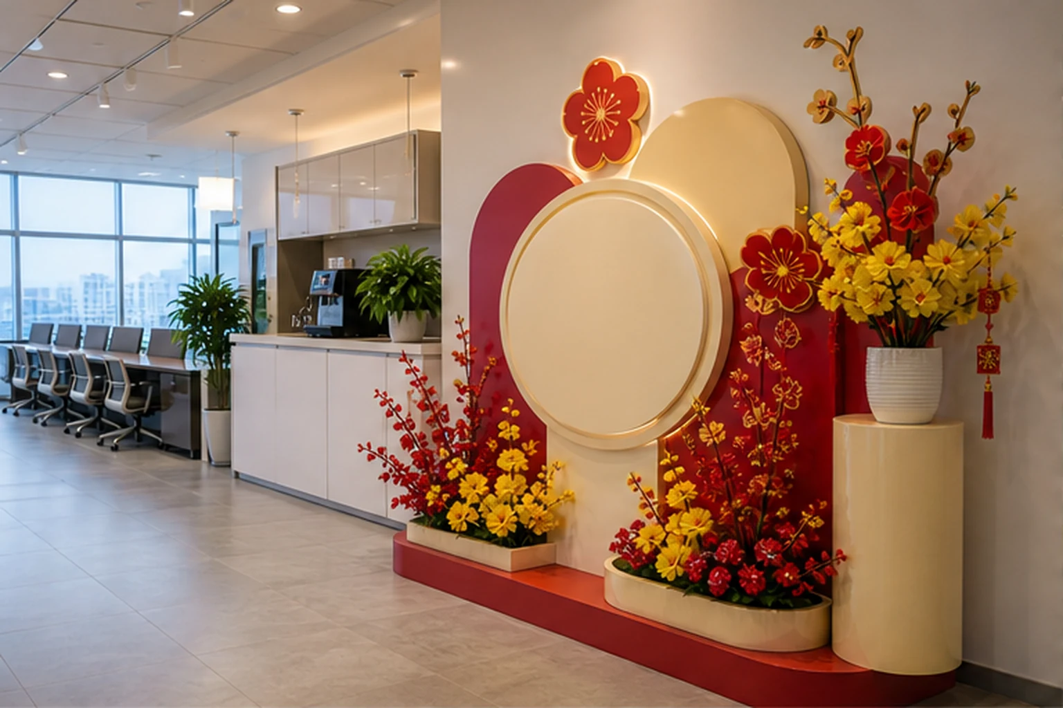 Góc pantry văn phòng hiện đại được trang trí Tết với cụm hoa đỏ vàng, mảng nền bo tròn màu đỏ kem và lối đi thông thoáng...